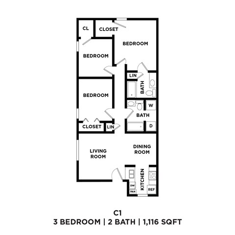 A floor plan of a 3 bedroom apartment with 2 bathrooms.